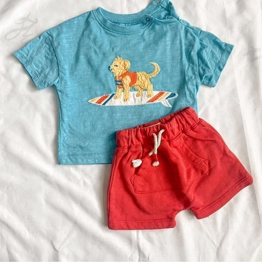 Harley Surfing Dog Shirt and Red Shorts Outfit Set Size 3-6 Months